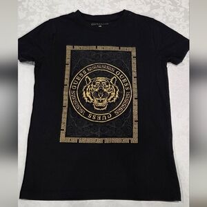 Guess Kids Black T-Shirt with Gold Tiger Print, Size 10